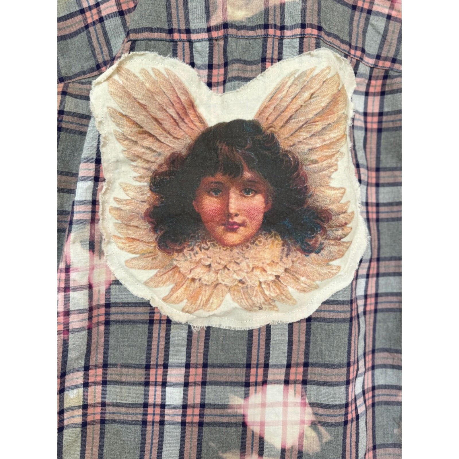 Upcycled Angel Flannel Bleach Dye Folk Art Shirt Cottagecore Boho Med. Slim fit