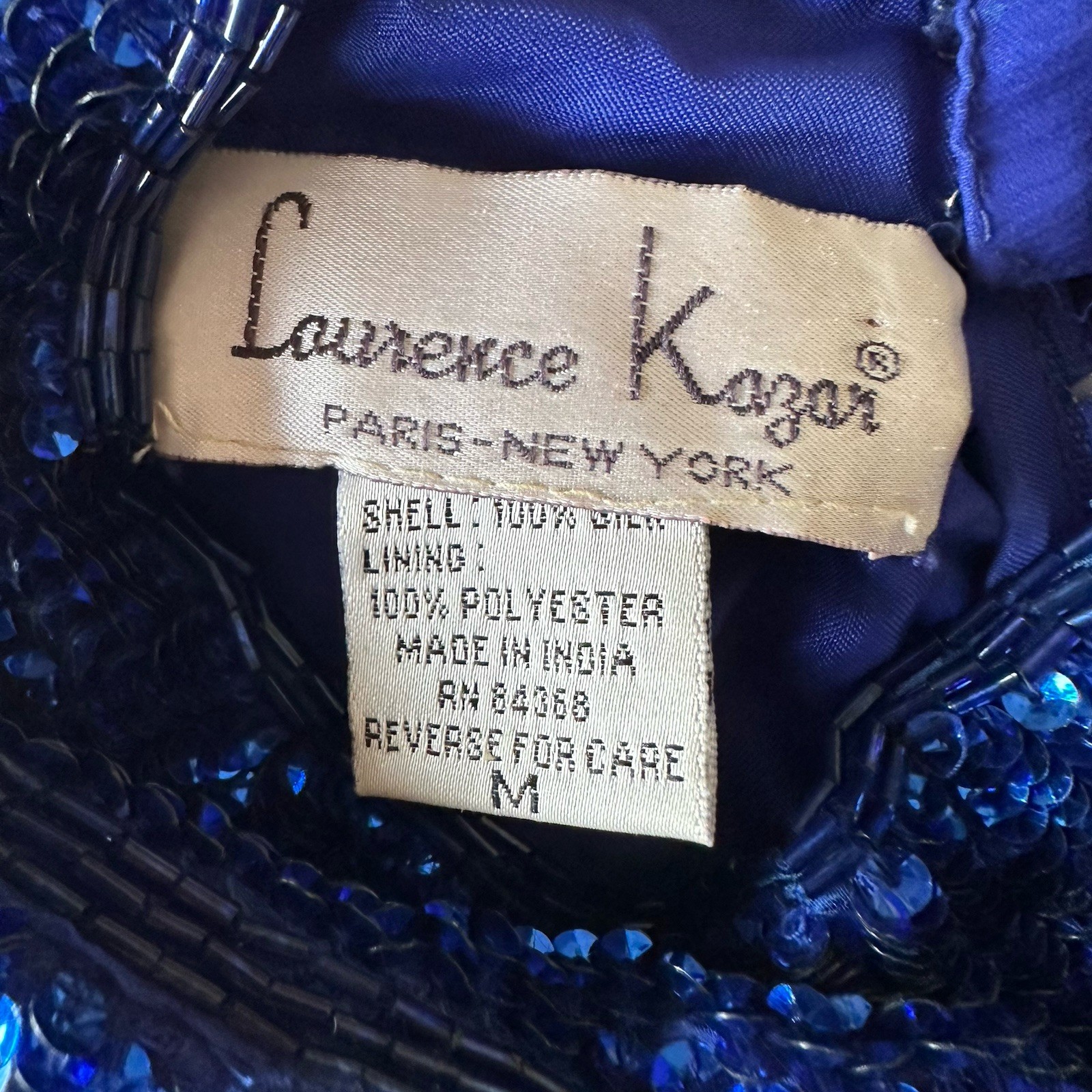 Vintage LAURENCE KAZAR Royal Blue BEADED Sequin Silk HALTER GOWN Long Formal M