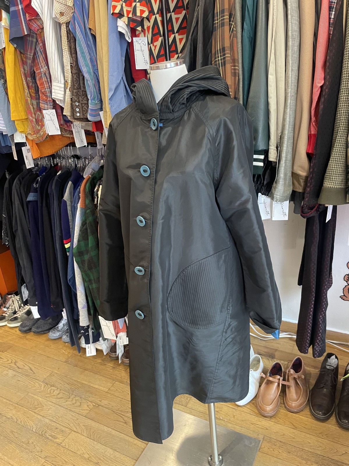 *Reversible* Blue and Black Windbreaker material long trench with pleated hood—M