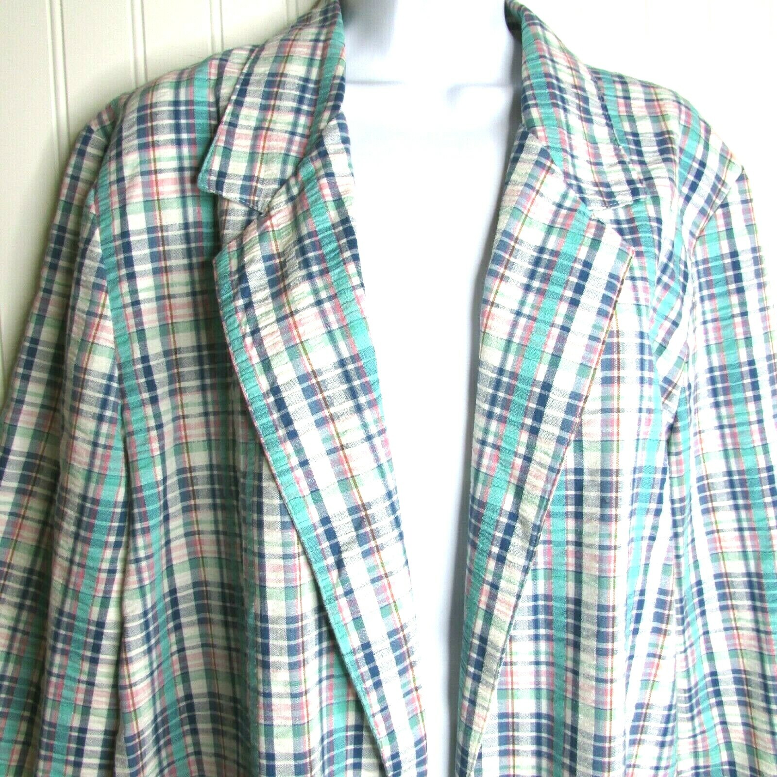 Vintage Blue Plaid Seersucker Jacket Blazer Size 14 Coastal Pockets Open Front