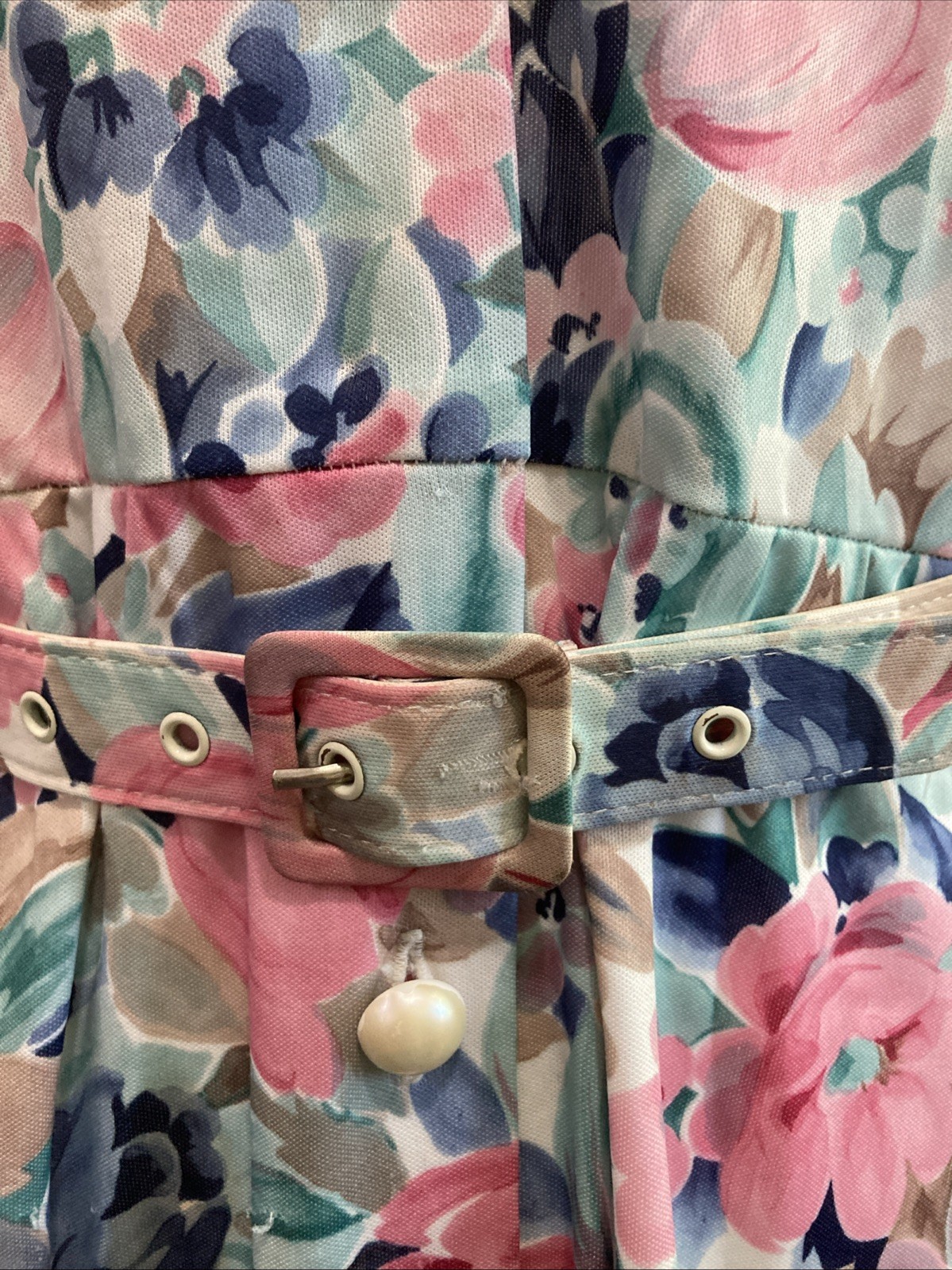 Vtg BLAIR Floral Shirtdress Pastel Pink Blue Midi Dress 80s Does 70s Style XS