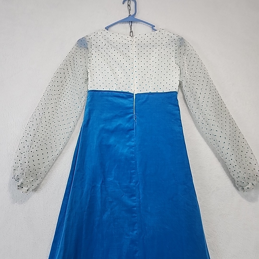 Vtg 60s 70s Empire Waist Maxi Dress Homemade Sheer Sleeve Aqua Blue Velvet