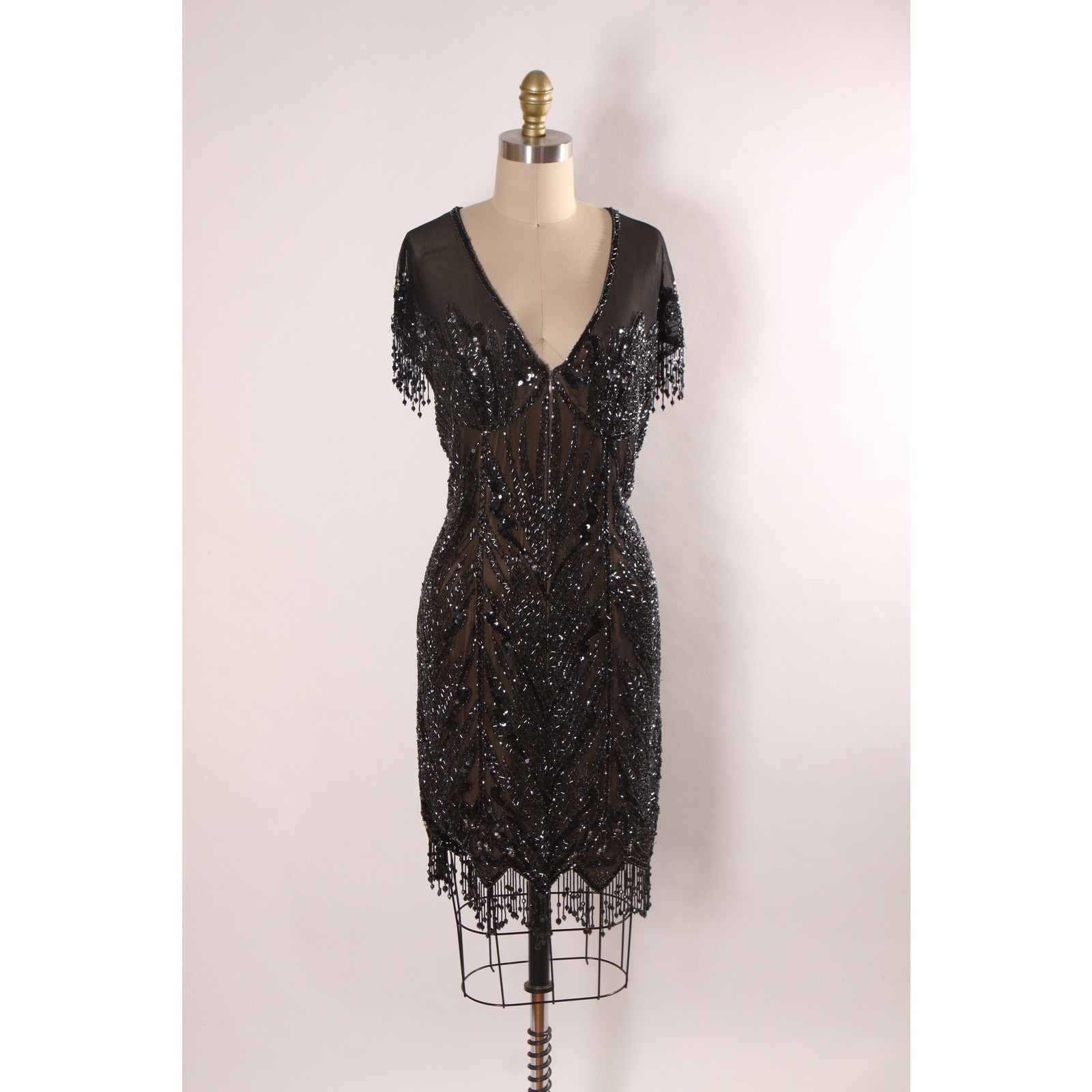 1980s 1990s Black Sequin Beaded Fringe Flapper Style Dress by Peak Evenings