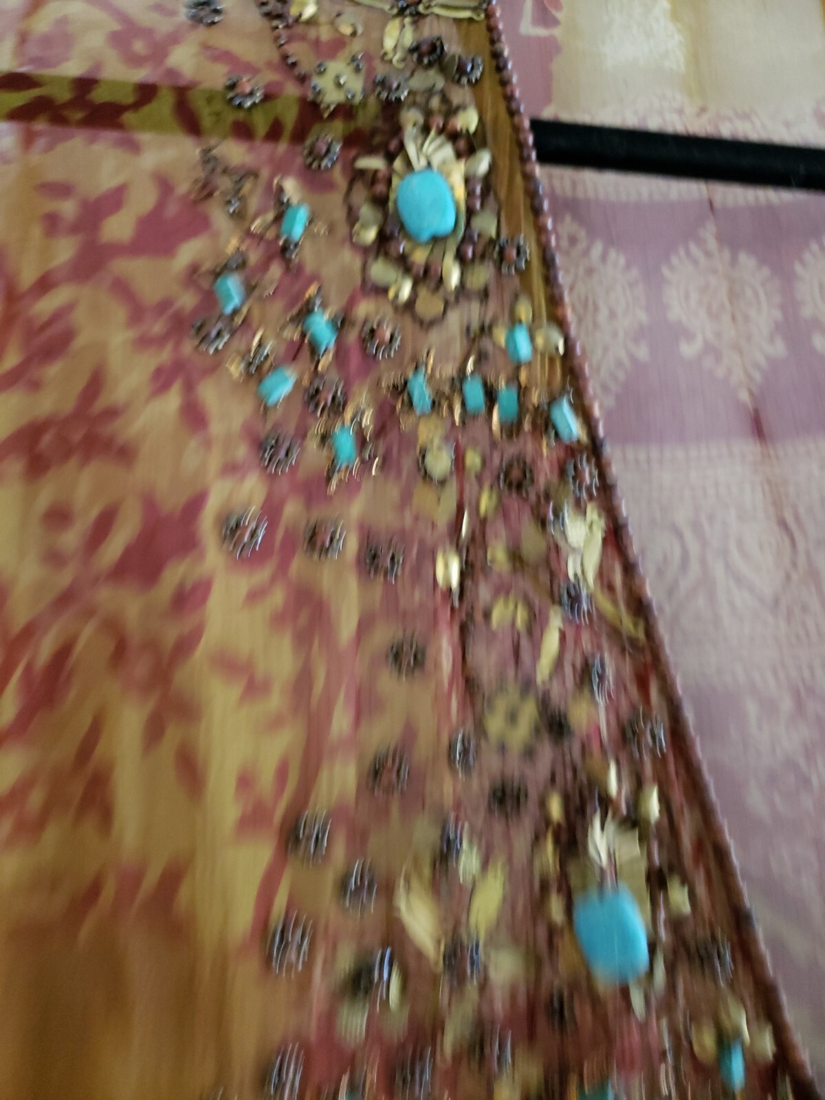 Vintage Turquoise Beaded Sheer Floral Long Blouse Boho Cover up wear over L