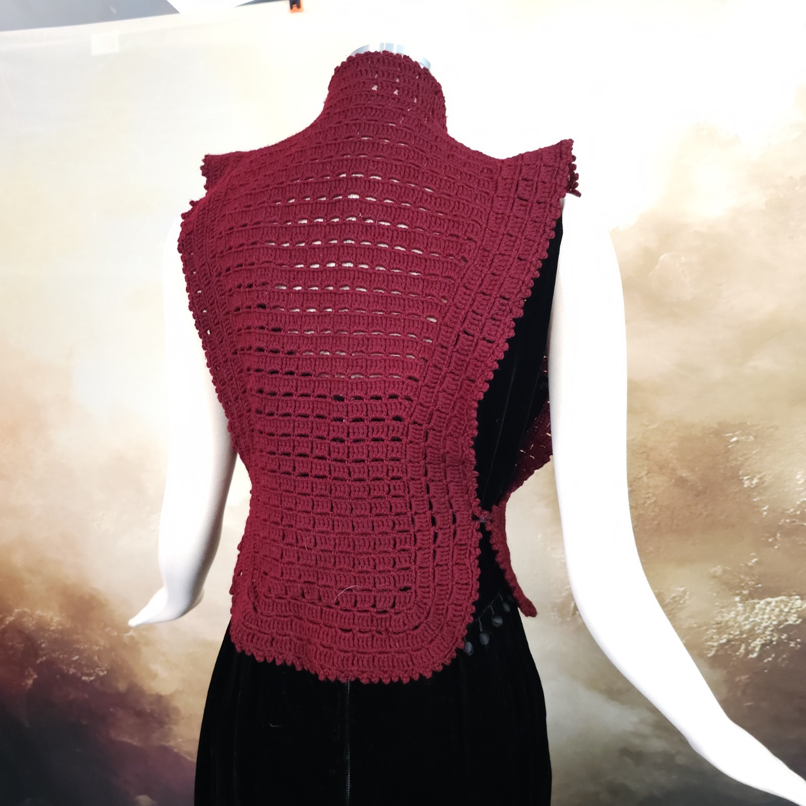 Burgandy Red Crochet Antique Vest 1920s 1930s Art Deco Sweater Shawl Bow Ties…