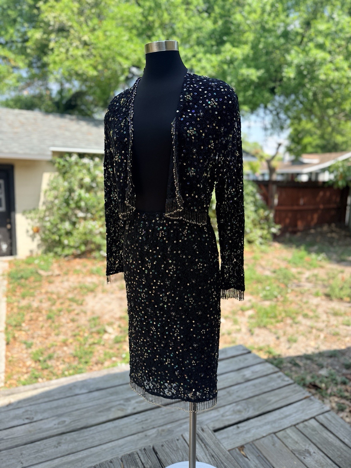 Vintage 1980s Vivienne Tam Crochet Lace Sequin Beaded Fringe Skirt Set