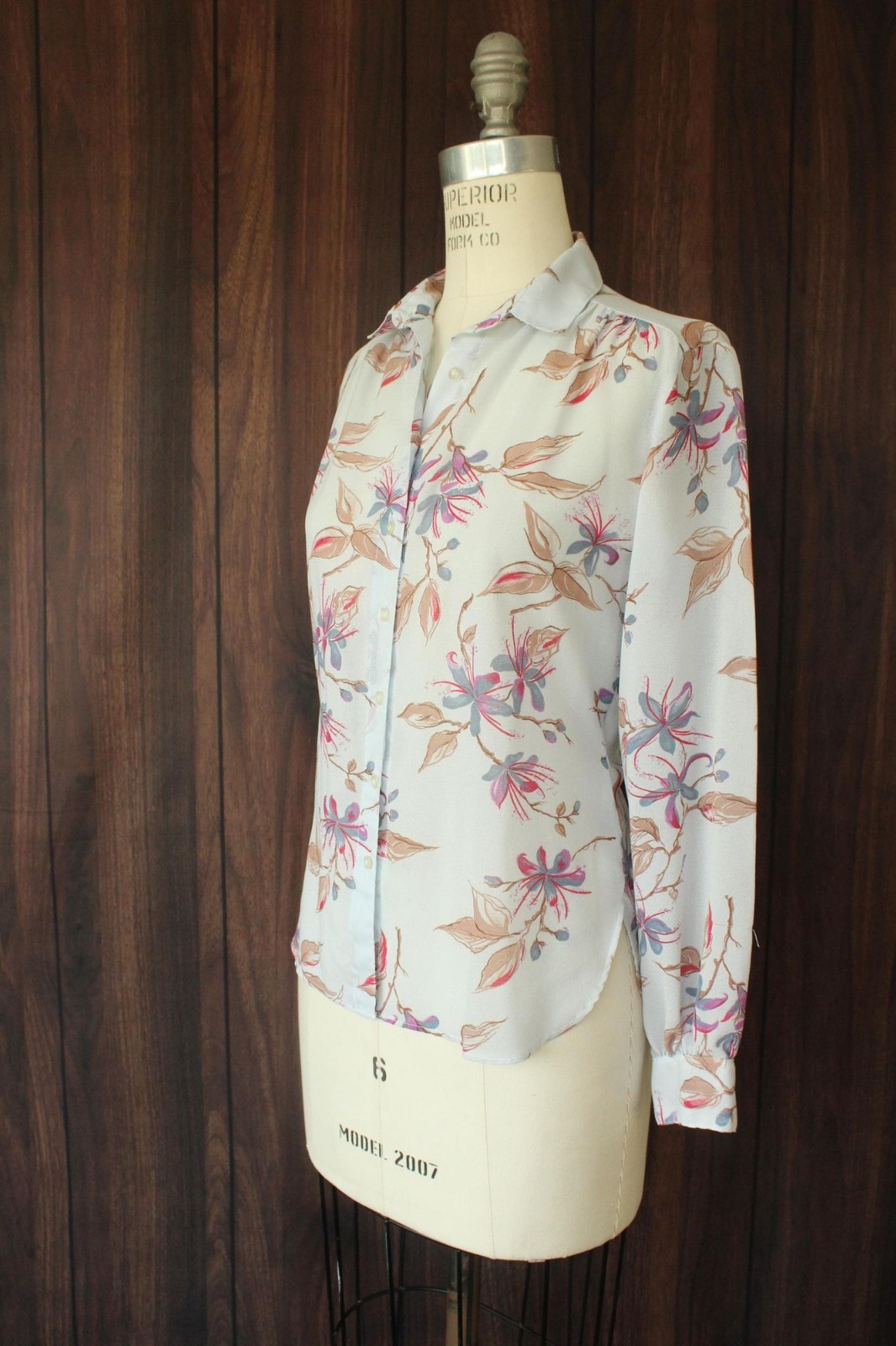 Vintage 1980s 1990s Blouse, Pale Blue Gray Chiffon with a Floral Print Button