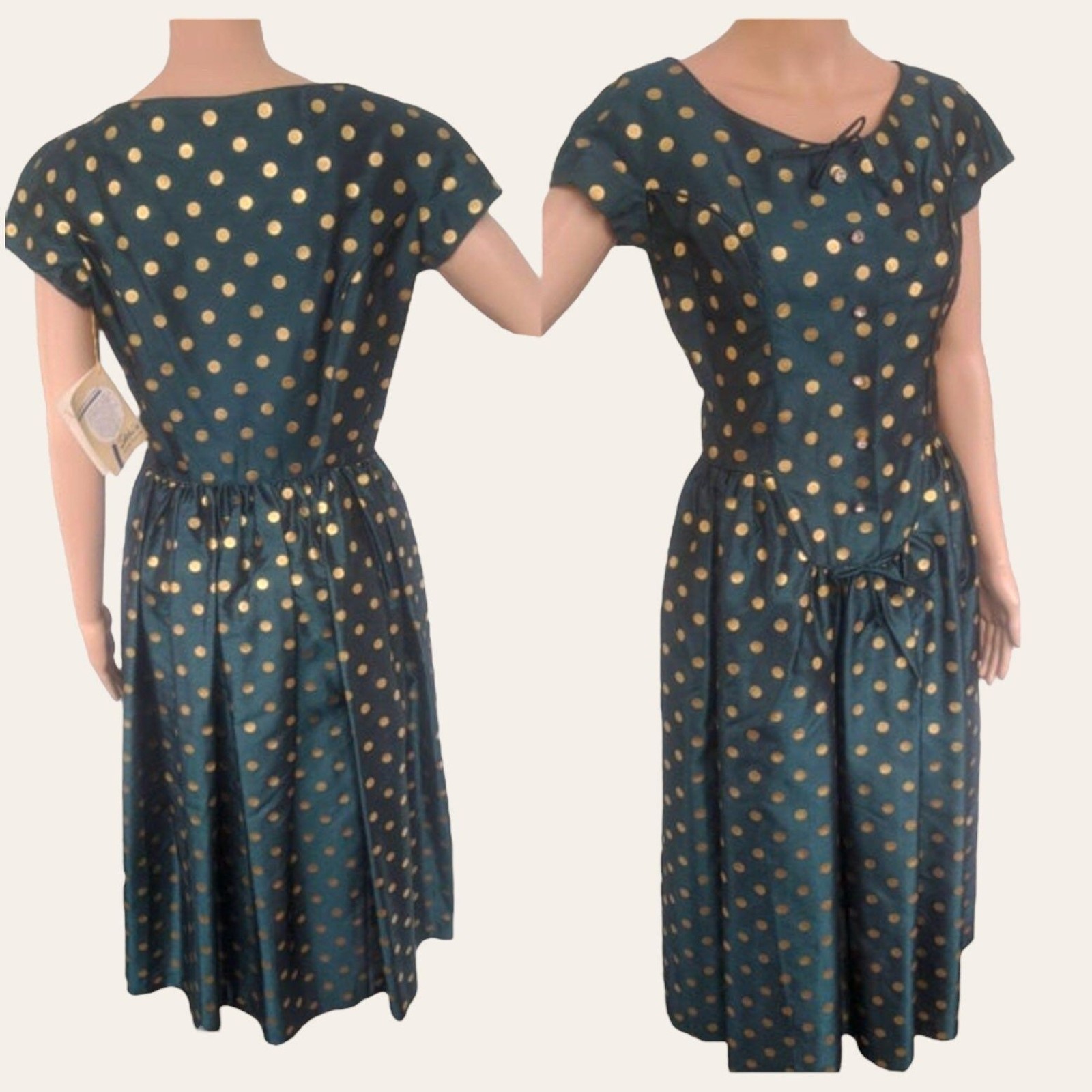 50s Dark Green Gold Polka Dot Dress Vintage Shirley Lee S M 36 28 New Old Stock