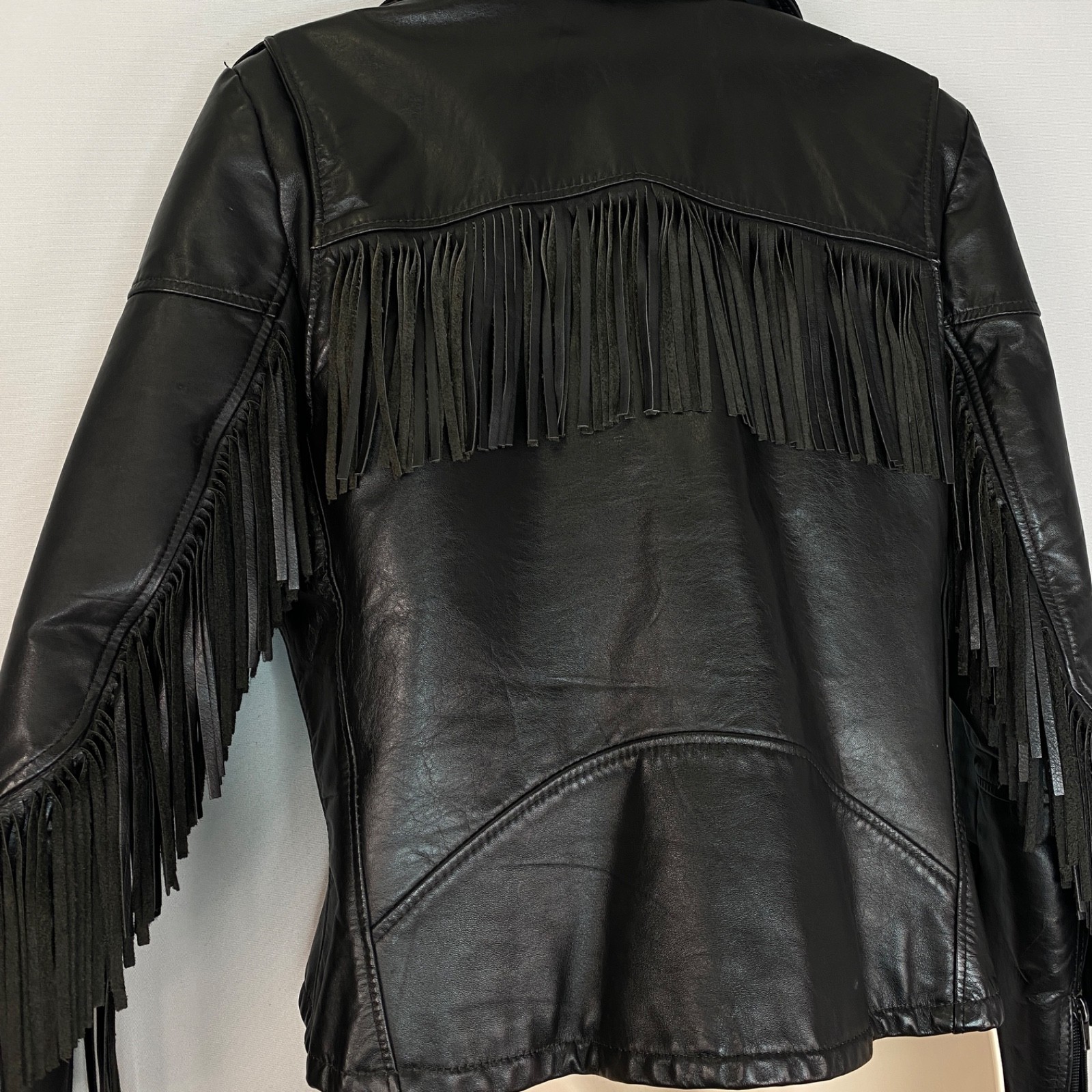 Vintage black leather fringe jacket women’s S M moto rocker biker TAURUS