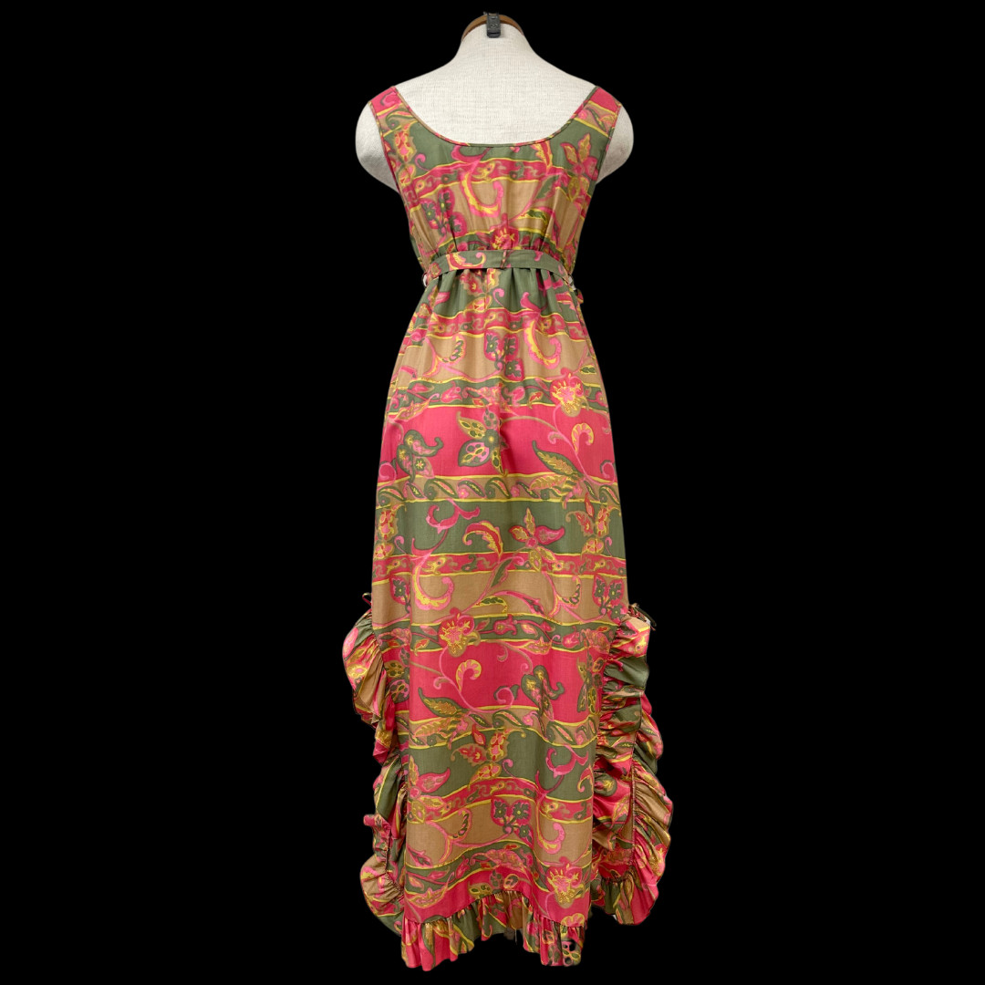 Vintage 60s Eyeful by the Flaums Paisley Maxi Dress with Ruffle Trim & Tie Belt