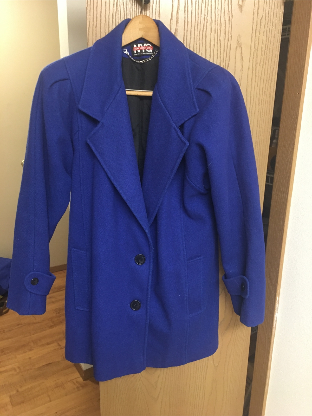Wool Jacket Coat Blue Womens Size 10 New York Girl Button Front 21 Pit To Pit