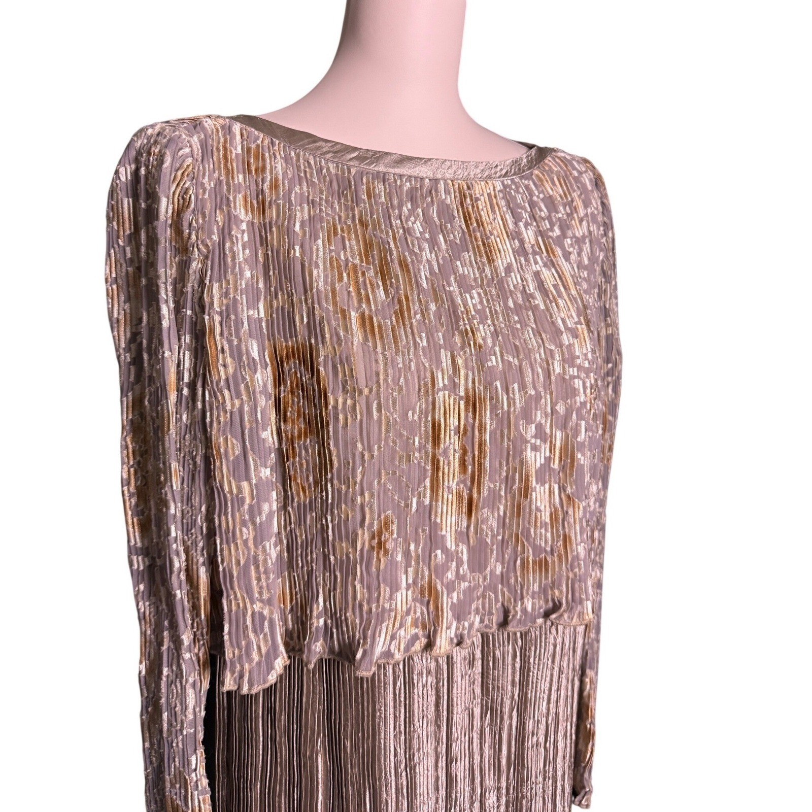 Jeanne Marc Vintage champagne Gold Burnout Micro Pleated Maxi Dress Size S 8/10