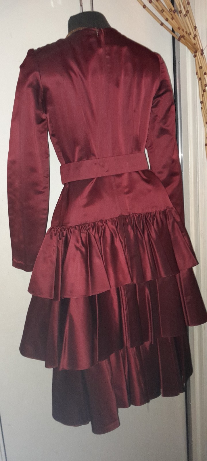Vtg 70s 80s Designer WILLIAM PEARSON Burgundy Satin Silk Ruffle Tier Party Dress