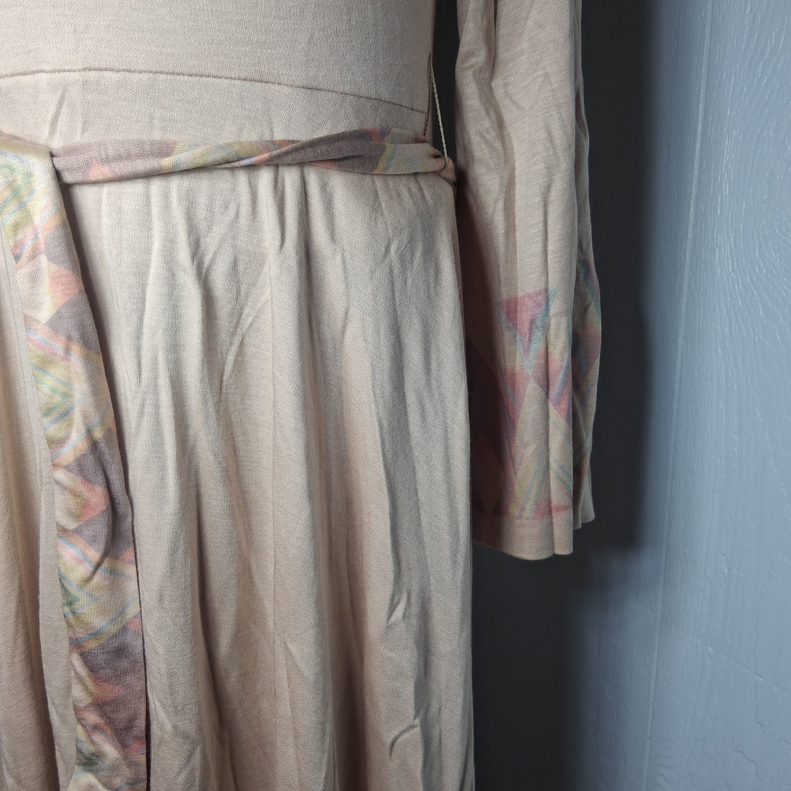 Vintage 70s Midi Bell Sleeve Dress Bohemian Earth Toned Pink Flowy Geometric USA