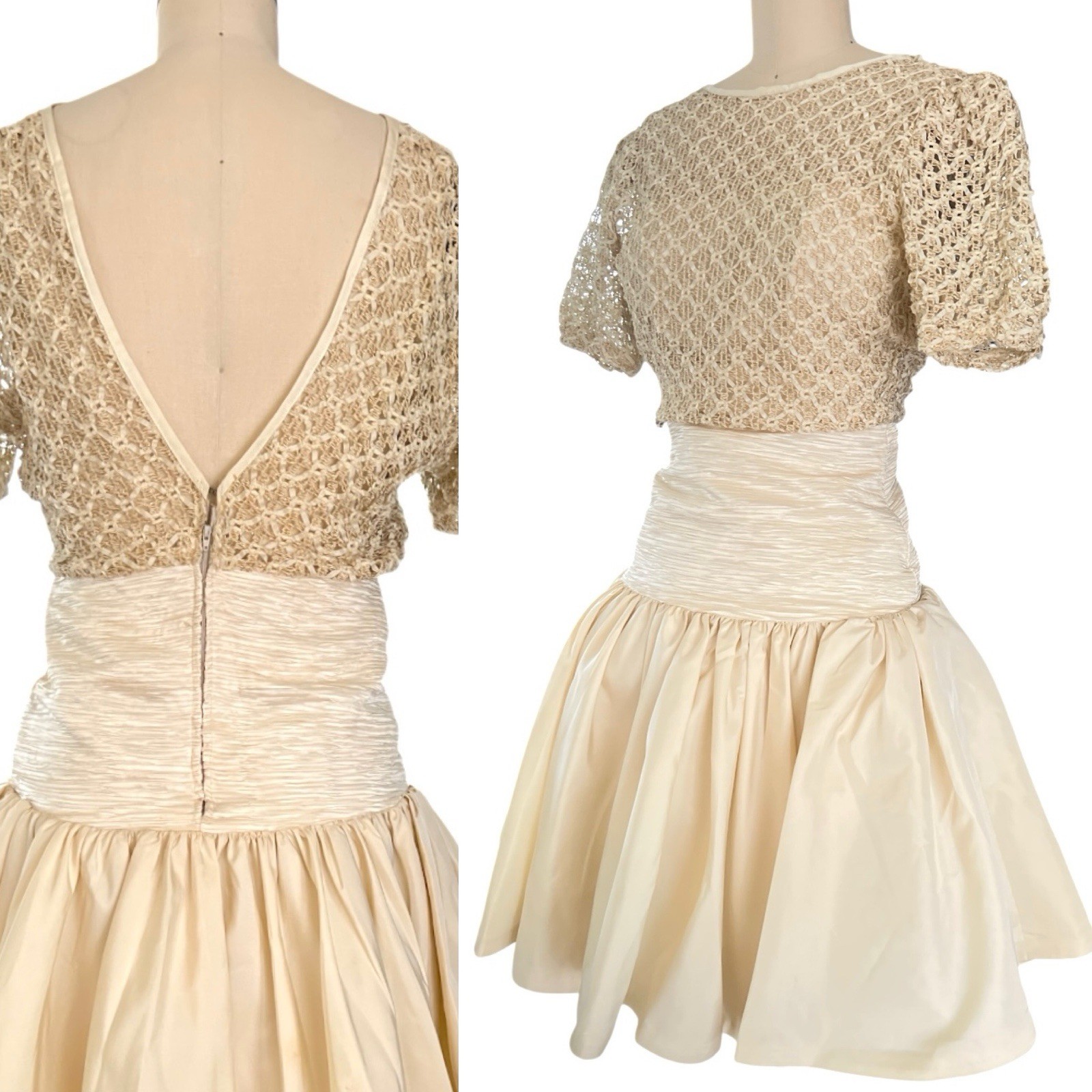 VTG 90s Y2K Cocktail Bridal Lace Mini Dress Ribbon Drop Waist Flare Skirt S