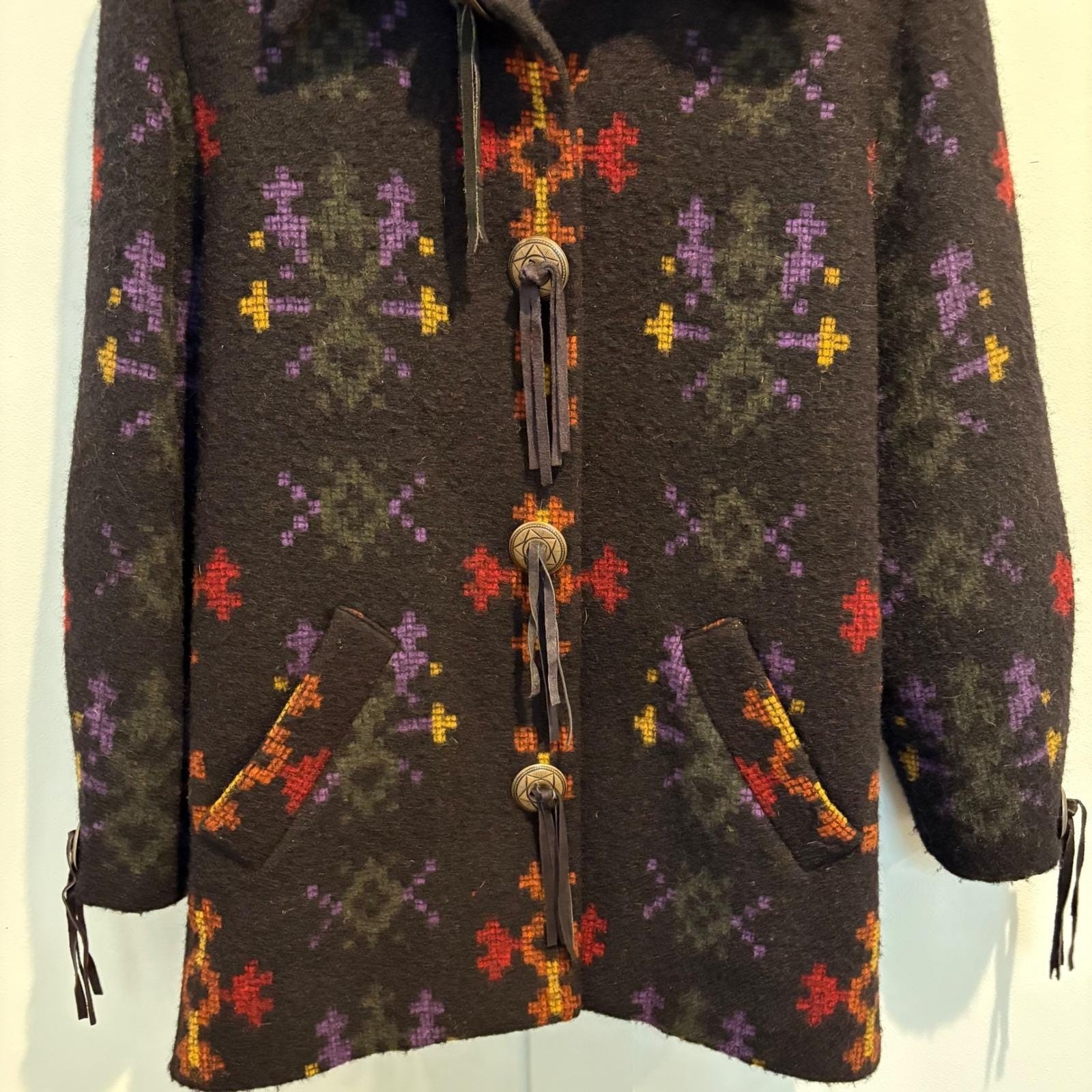 Vtg Doncaster Wool Blend Coat Women 8 Black Southwest Concho Fringe Aztec Navajo