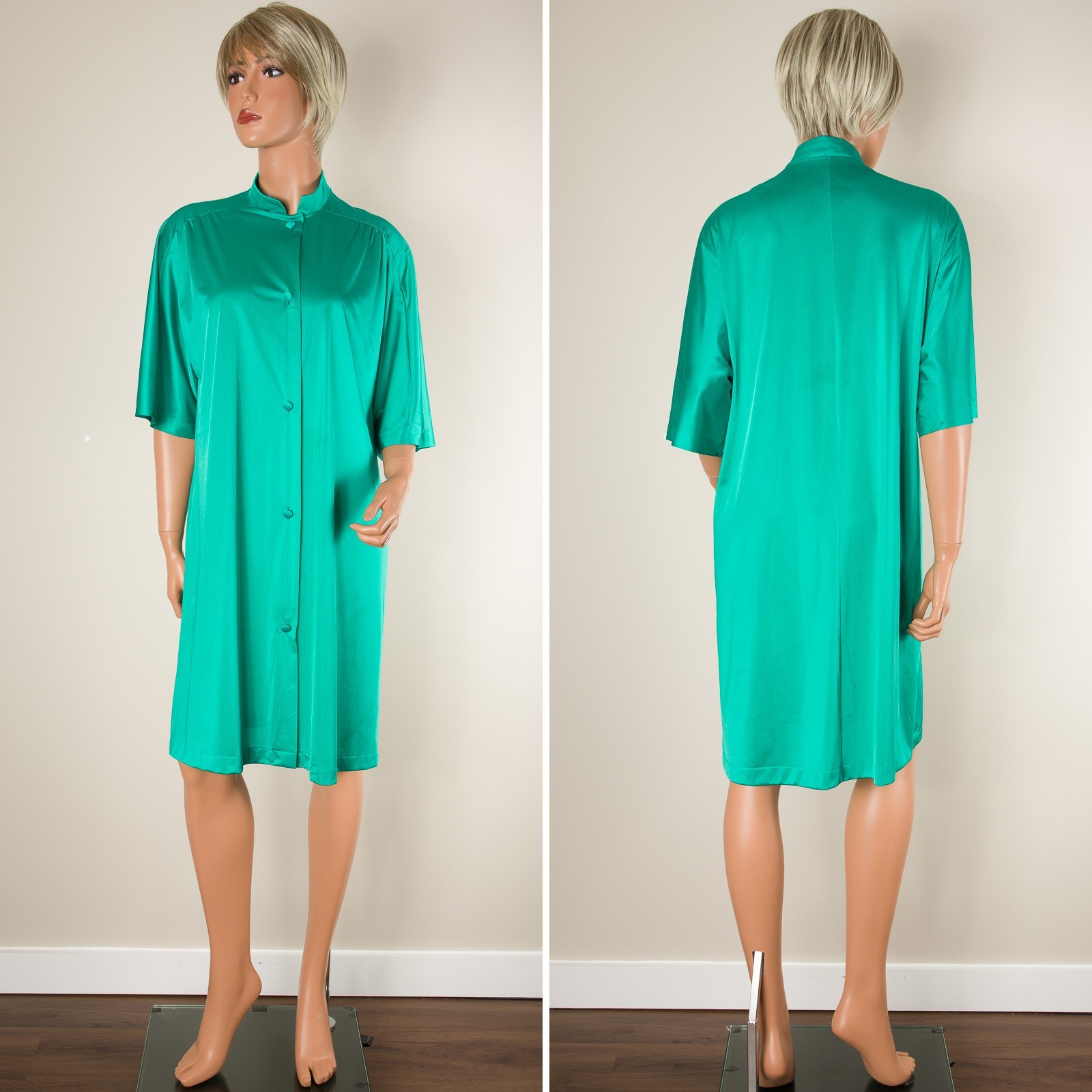 VTG VANITY FAIR Green Robe MEDIUM Nylon Band Collar 3/4 Sleeve Button Pocket USA