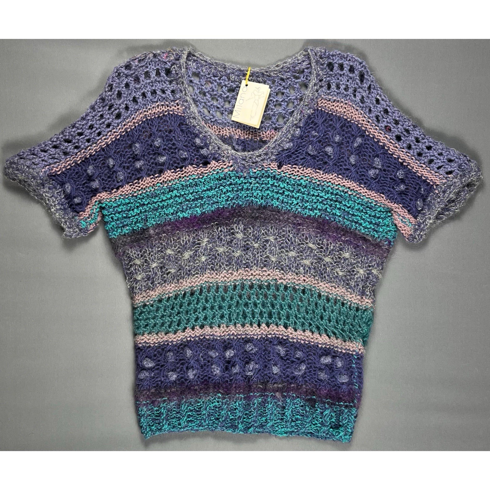 Vintage 80s Milana Hand Knit Wool Top Women’s Medium Short Sleeve New