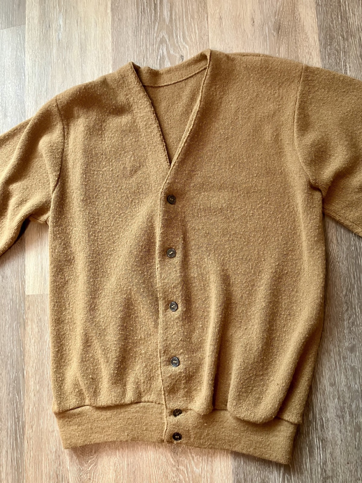 ILGWU Cardigan Wool Blend Sweater Camel Grandpa Style USA Made