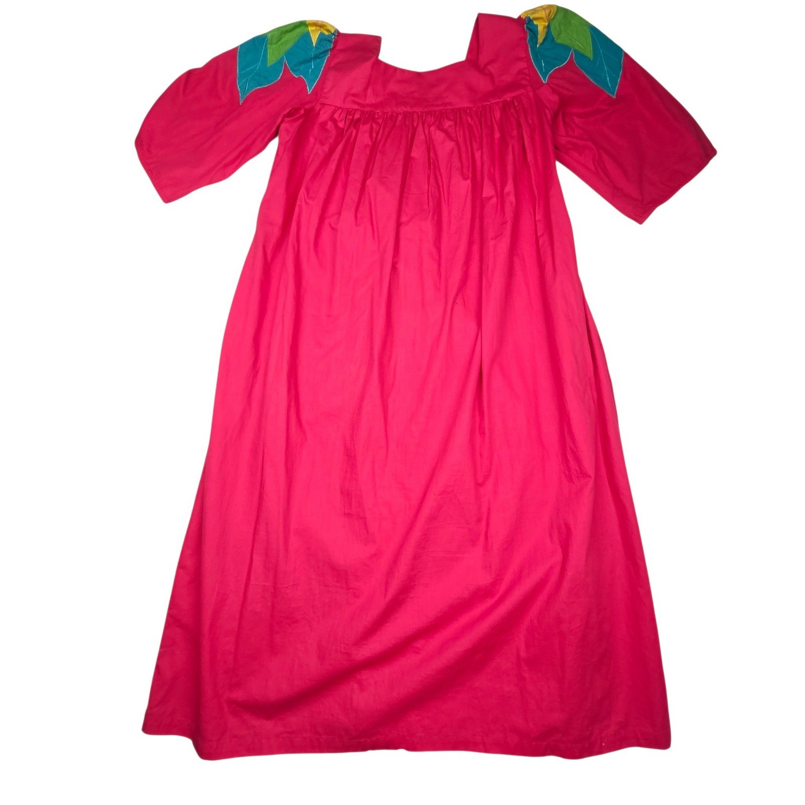 Vintage Go Softly Patio Dress Muumuu M Pink Applique Tropical Bird Floral Boho