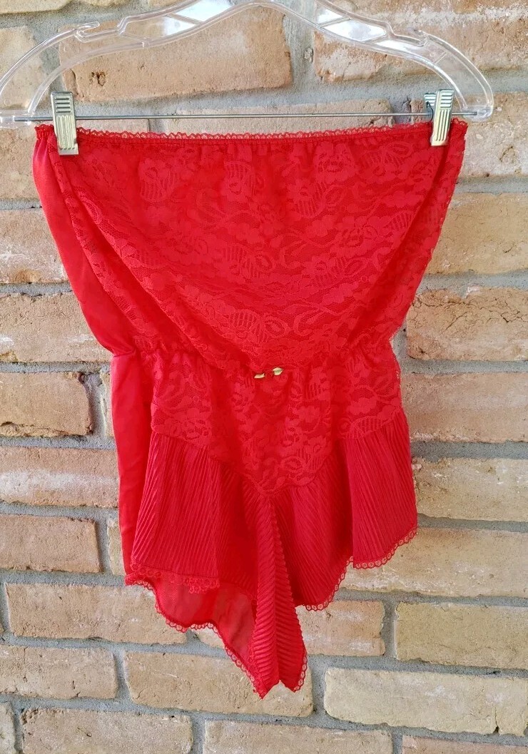 VTG 70s/80s Undercover Wear M Red Nylon Sheer Lace Strapless Teddy Lingerie USA