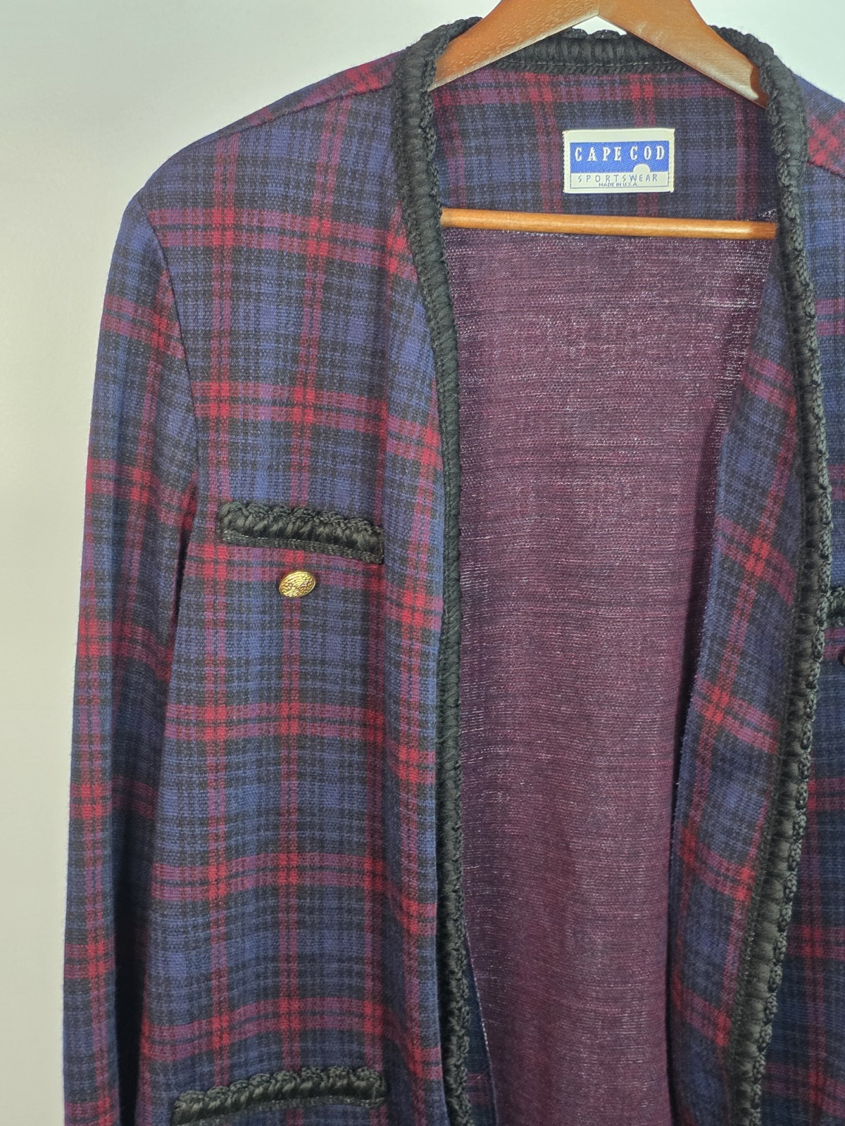 VTG 70s Cape Cod Red/Blue Plaid Blazer Gold ACCENTS Large