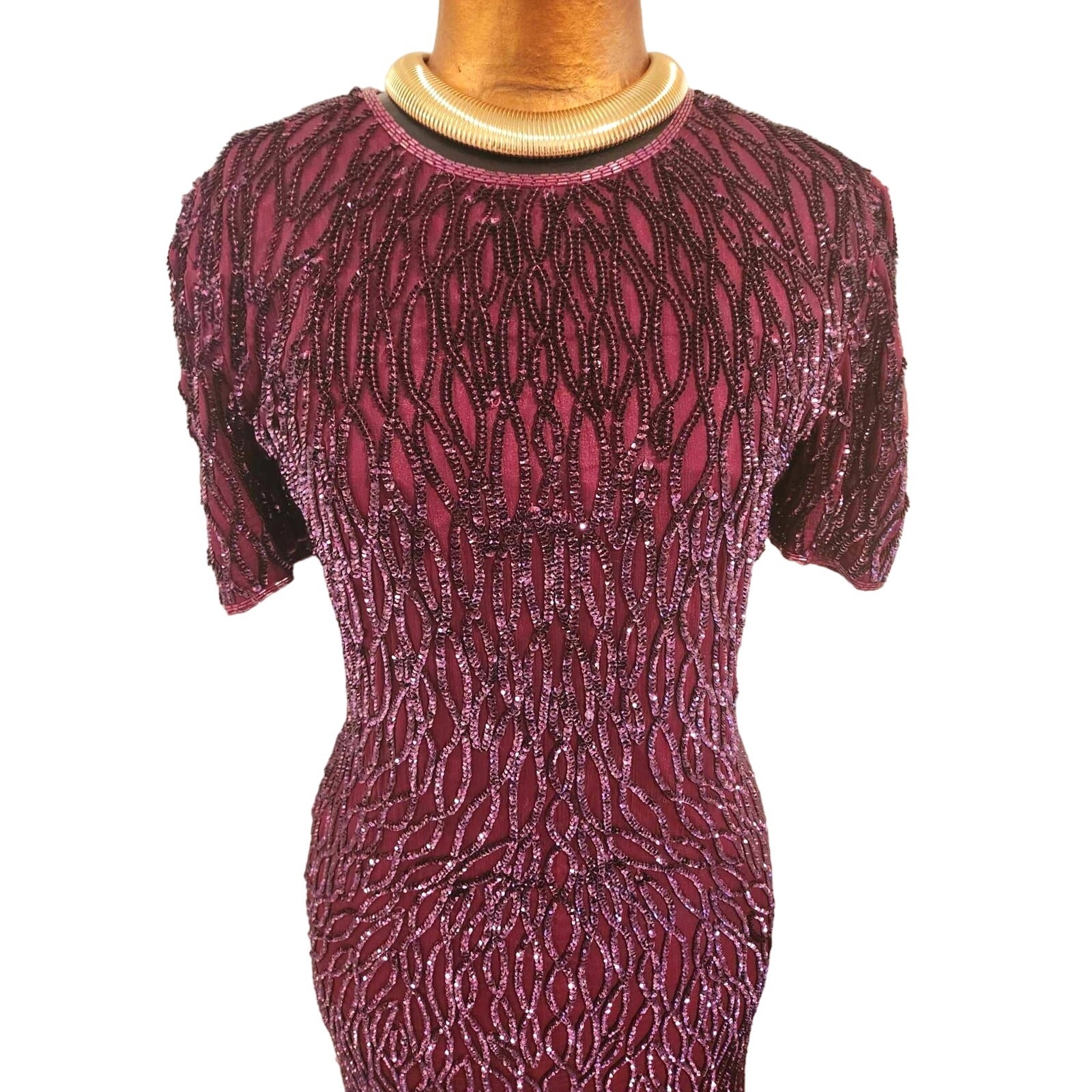 Vintage 1980s Sweelo Beaded Sequin Burgundy Purple Silk Short Sleeve Dress Sz 8
