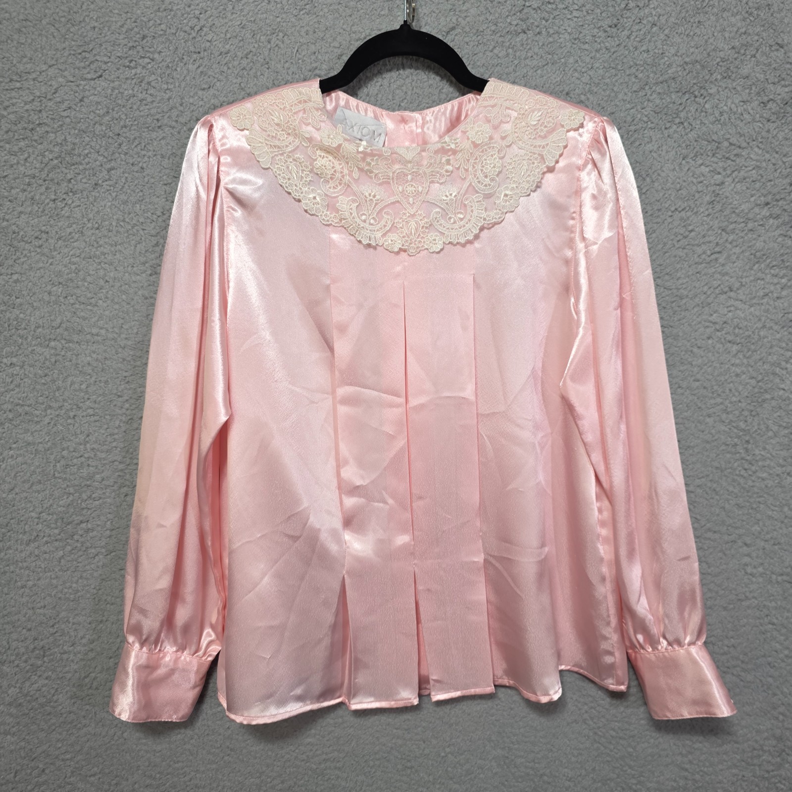 Vintage Axiom Pretty In Pink Satin Style Long Sleeve Blouse Lace Yoke Collar 12