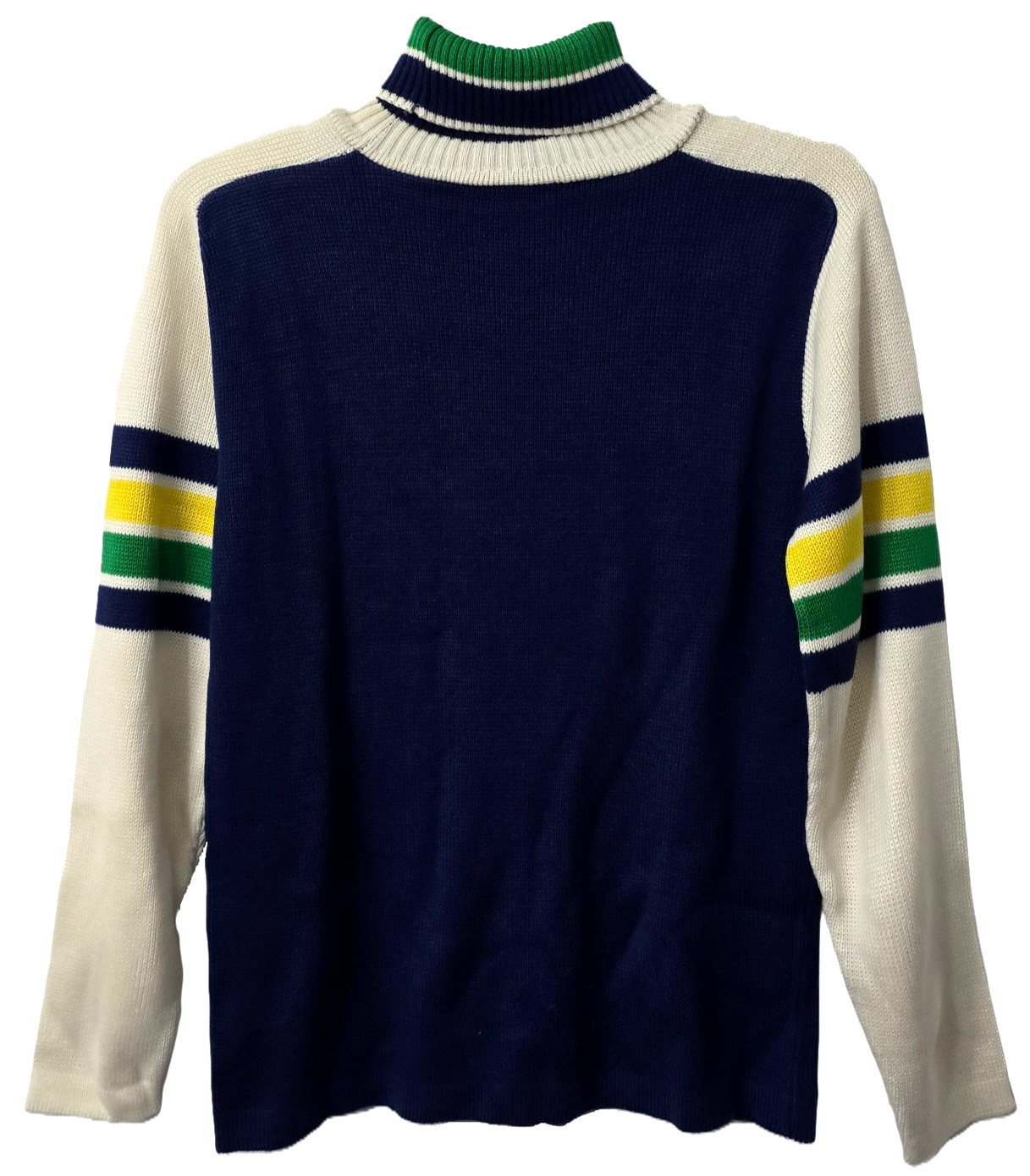 Vintage Knit Ski Turtleneck Sweater M L Colorblock Stripe Blue Yellow 70s 80s