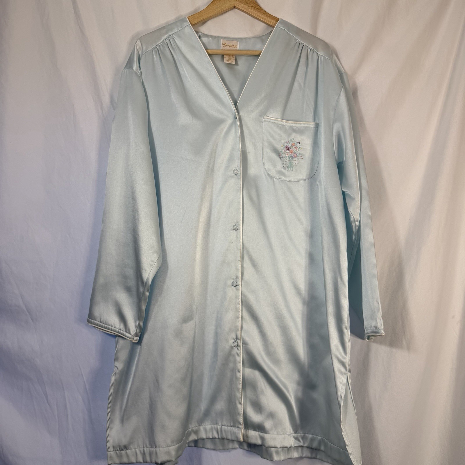 Vintage Barbizon, Silky Pale Aqua Nightgown, Soft Lining, Lace Floral Trim Large