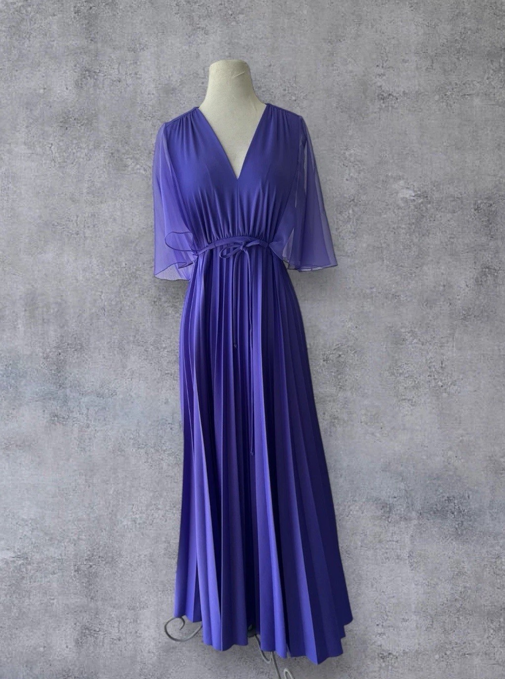 Vtg 70s Purple Accordion Pleat Maxi Dress Sz M/ L Chiffon Sleeves EUC