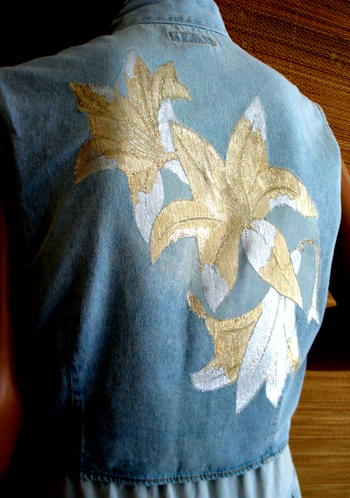 Embellished matching VTG denim Gap skirt and jeans + Union Bay vest set, sz S/M
