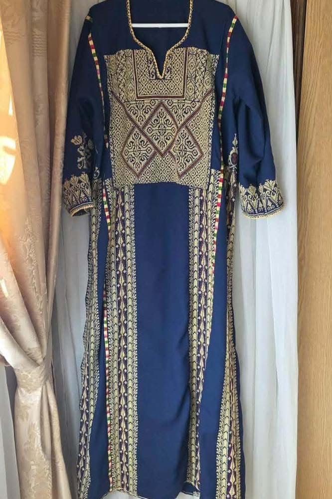 Vintage Palestinian Handmade Embroidered Thobe Dress 165cm Blue