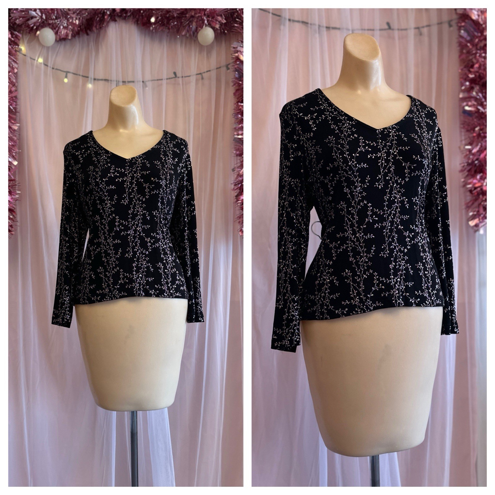 Vintage 90s Glitter Fairy Top Blouse Shirt Black Stretchy Whimsy Goth Grunge M/L