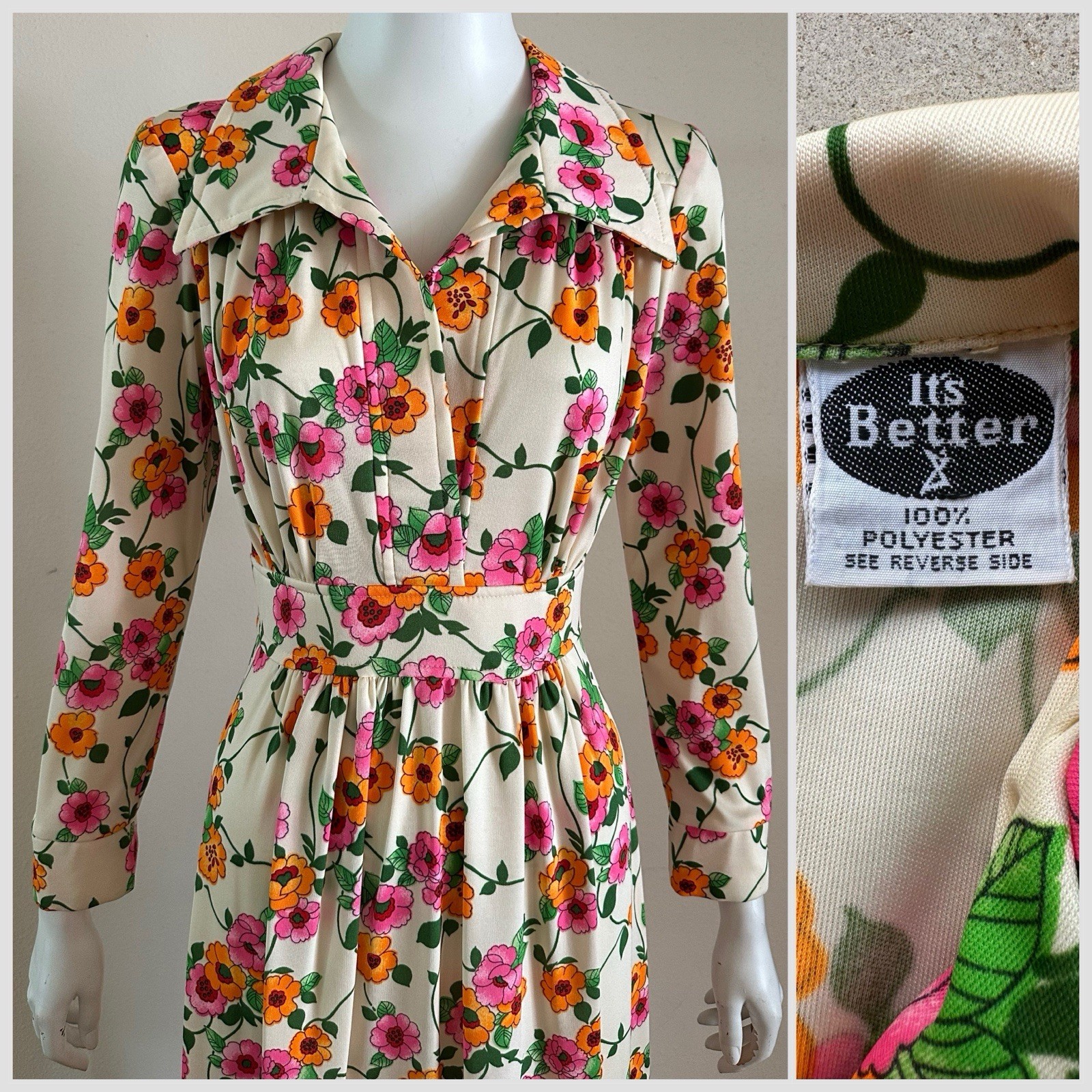1970s Floral Maxi Dress Wide Collar Scovill Zip Mod Boho Hostess Novelty VTG S M
