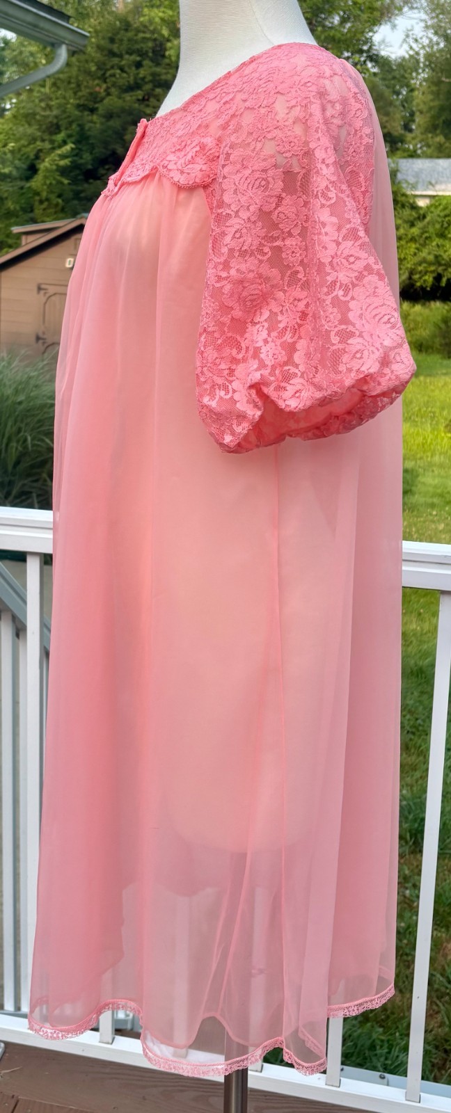 Vintage Sears Lace Puff Sleeve Sheer Nylon Chiffon Double Layer Robe 36