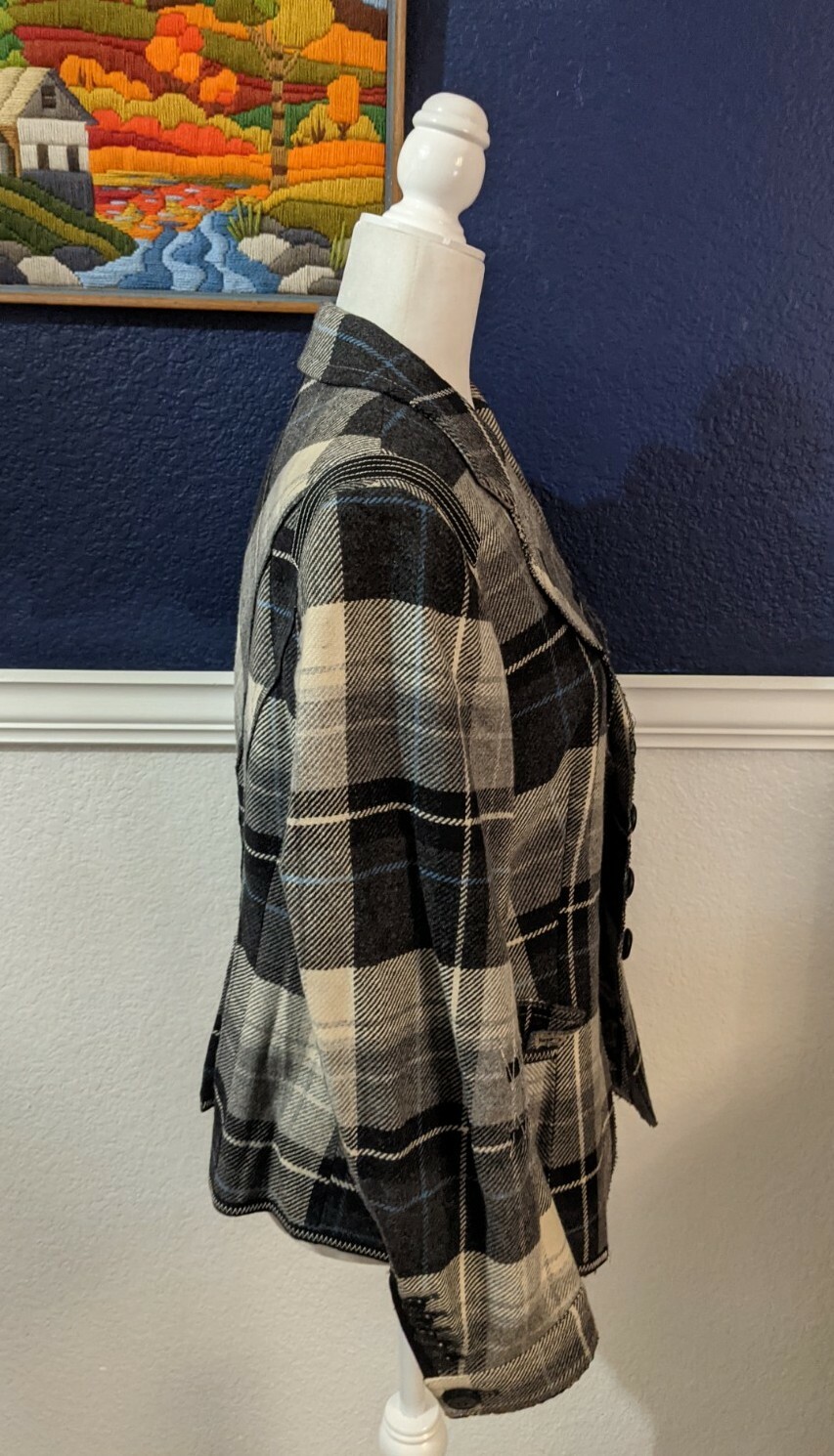 VTG Marc Aurel Black Blue White Plaid Blazer Sz 40 Medium M