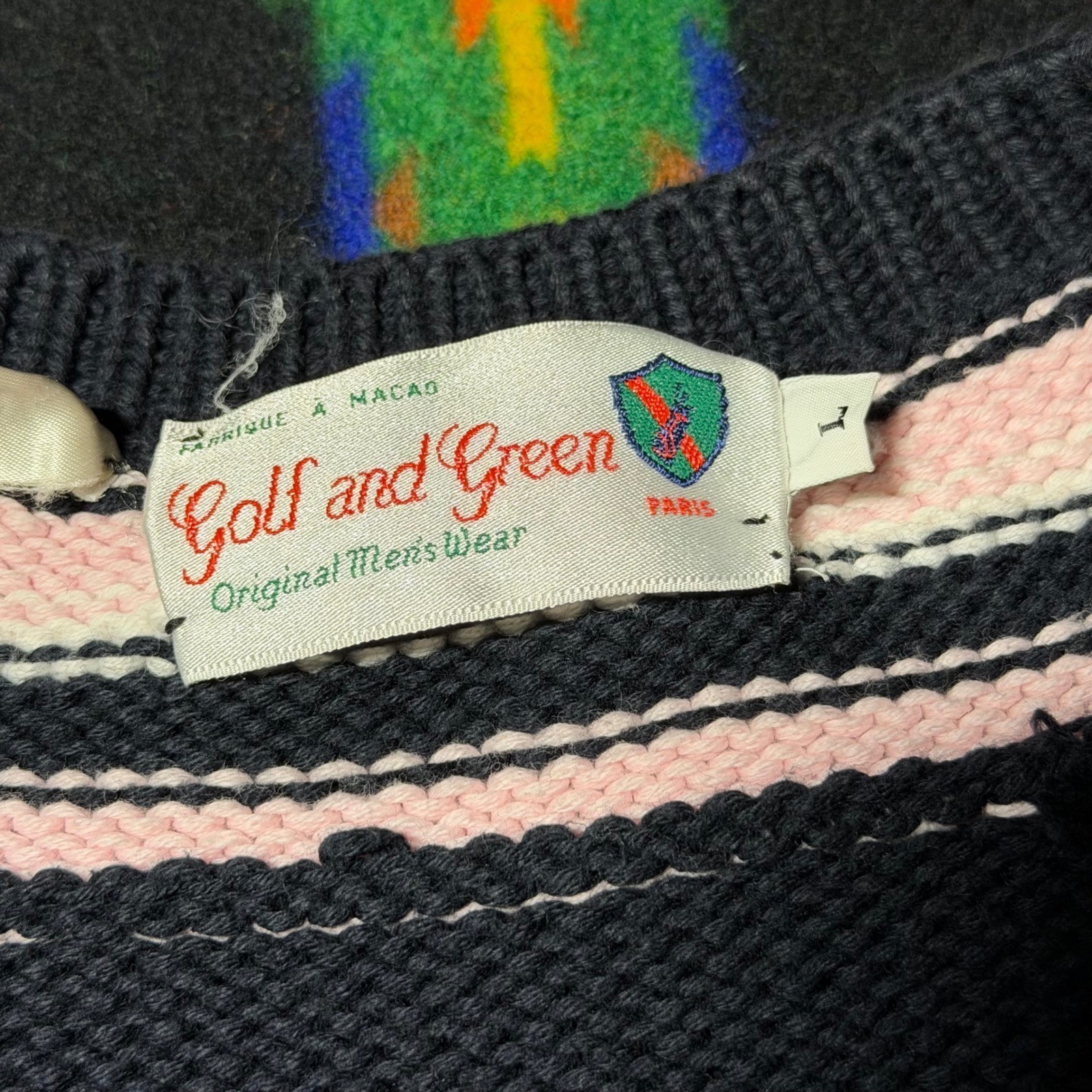 Vintage 80s Golf and Green Paris Sweater Vest Black Pink Cotton Cable Knit Large