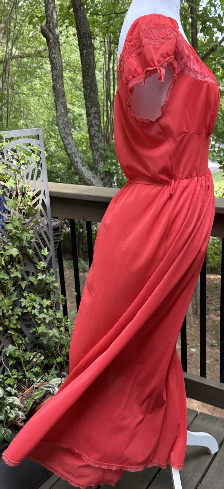 Vtg 60s Nightgown Chiffon Pleat Maxi Empire Goddess Siren Red Lace Nylon M 36 38