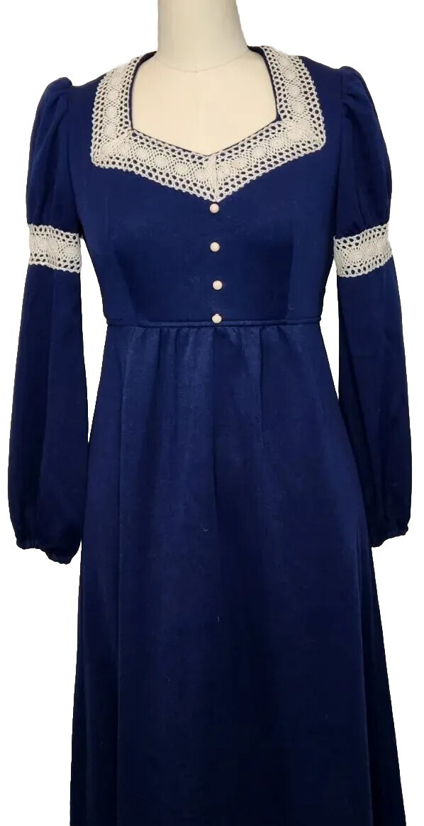 Vintage 70s Royal Blue Ivory White Lace Maxi Dress Tie Empire Waist S or M