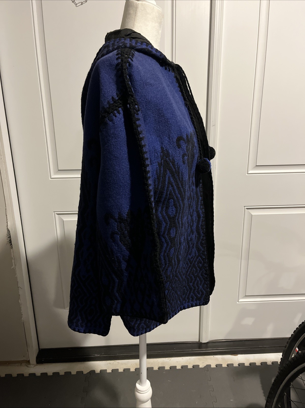 Vintage Woman’s Knit Crocheted Blue & Black Poncho Jacket Wool Cotton Lined