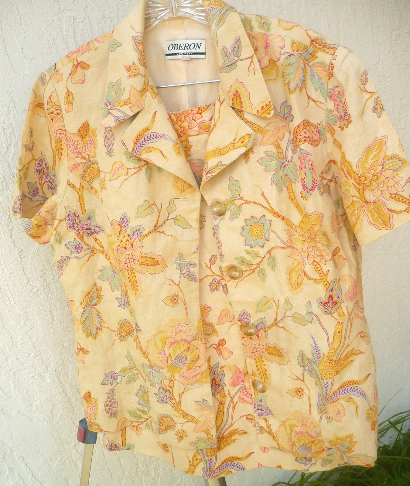 VTG OBERON pastel PINK BLUE FLORAL CREAM LINEN SUIT WOMEN BLOUSE SKIRT LINED L M