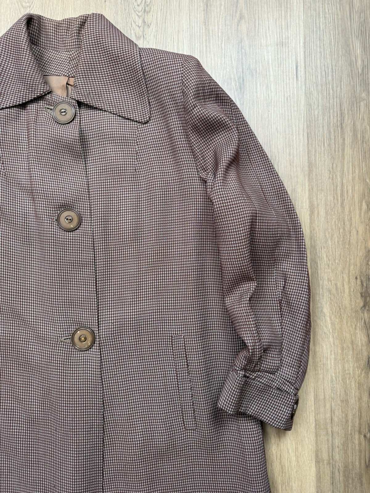 50s Vintage Houndstooth Gabardine Long Coat Women’s Medium Tailored Bespoke