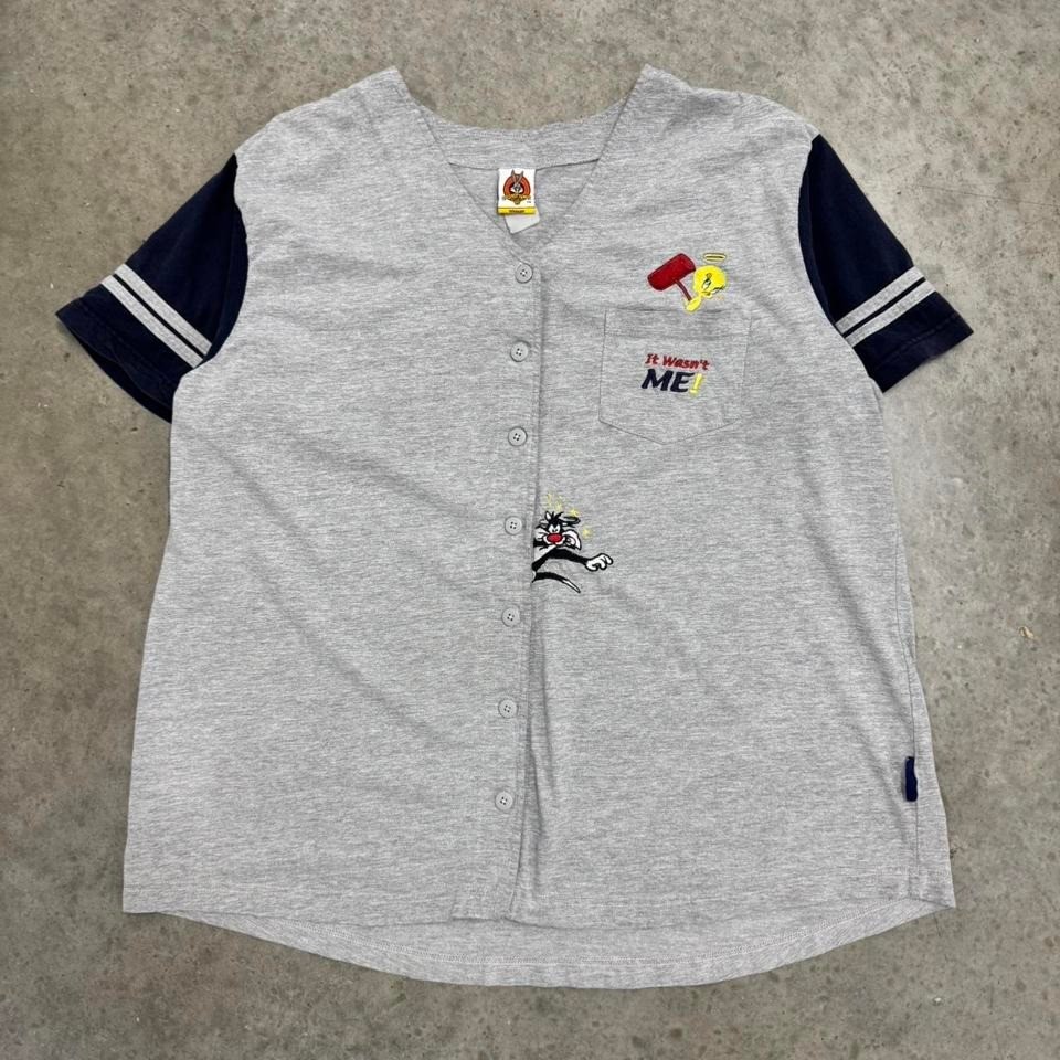 Vintage 90s Women’s Looney Tunes Baseball Jersey Tweety Bird Grey Blue Mens XXL