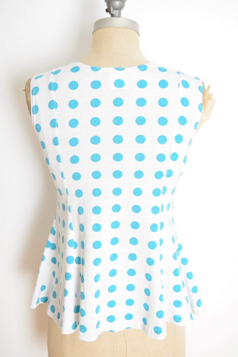 vintage 80s top white teal polka dot print tank top shirt blouse XS S clothing