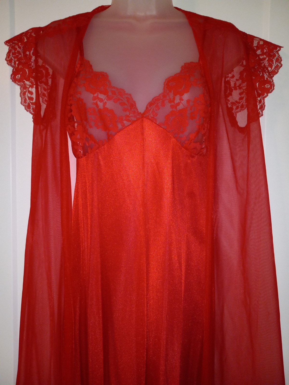 Vintage 80s Taryn Alexander Red Lace Nylon Nightgown Peignoir Lingerie Set M EUC