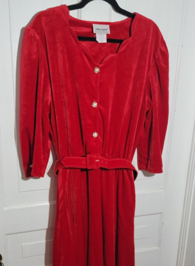 Y2K VTG Red Velour Midi Dress Belted Pockets Scalloped Neck Size 16 Button Front