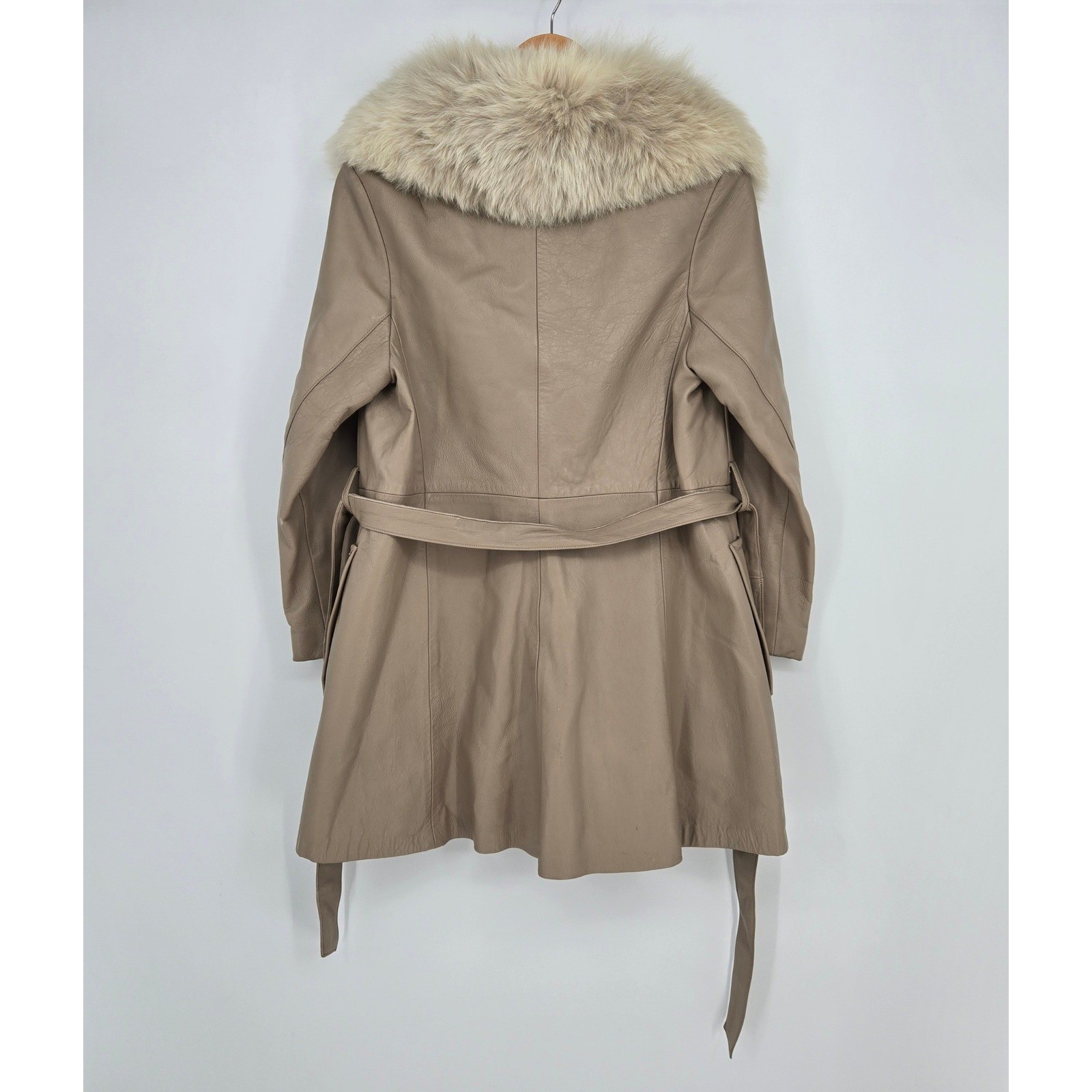 Vintage Women’s 10 Real Leather Swing Coat Genuine Fox Fur Collar Tan Cream