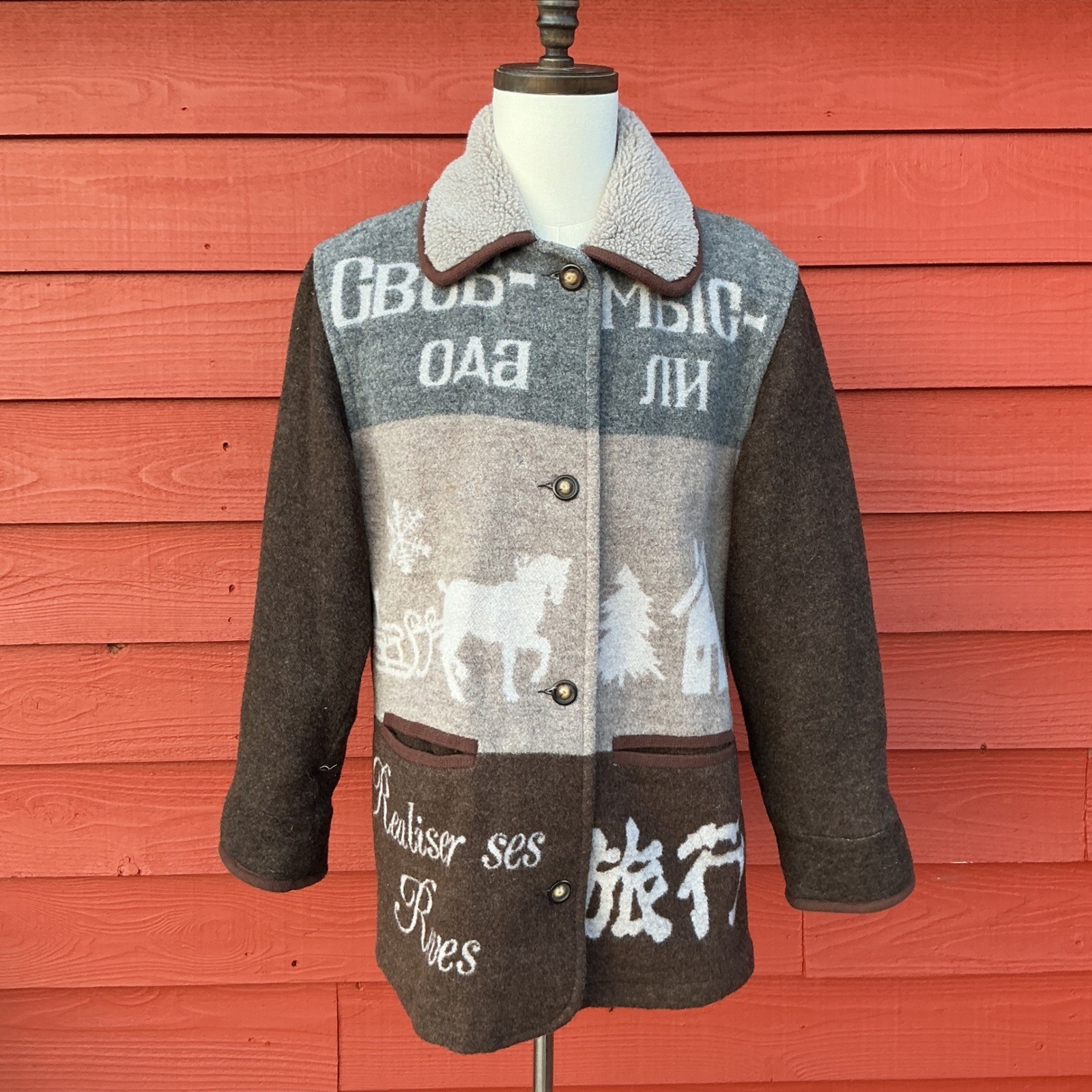 Gallery Wool Blend Coat Womens Small Gray Horse Snowflake Faux Shearling Vintage