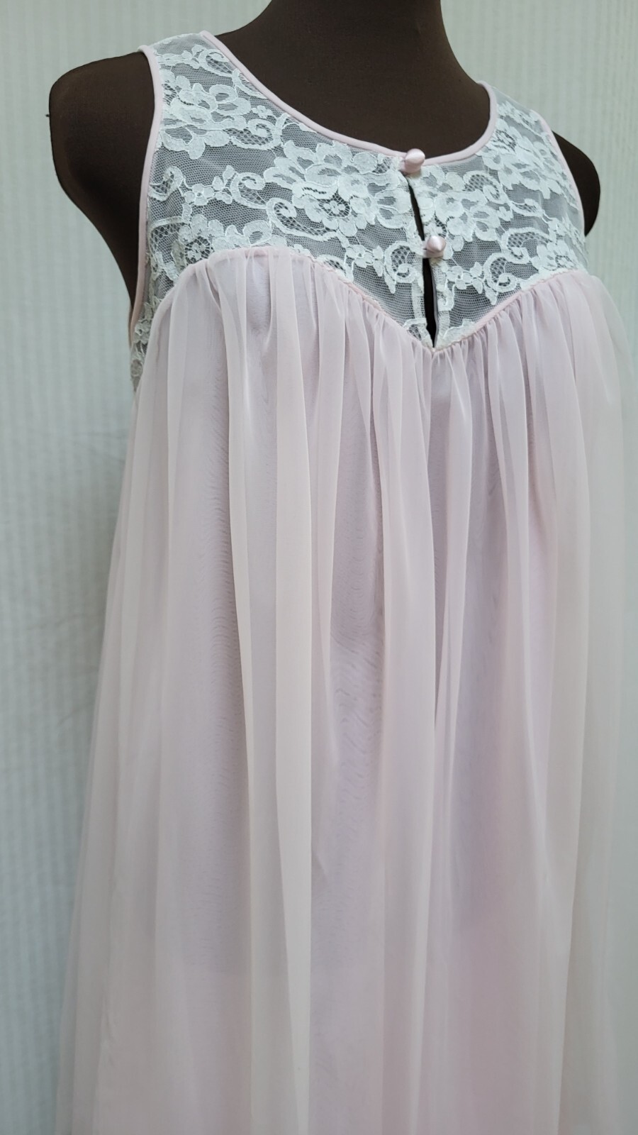Vintage KOMAR Pink CHIFFON & LACE Babydoll Sissy Nightgown – Size S – EUC